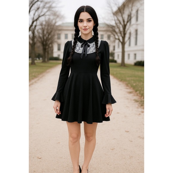 Dolls Kill Grave Girls Escape Attic Mini Dress Sz L Maid Wednesday Addams Goth - Picture 1 of 16